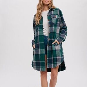 Green plaid longline jacket size large shacket flannel coat